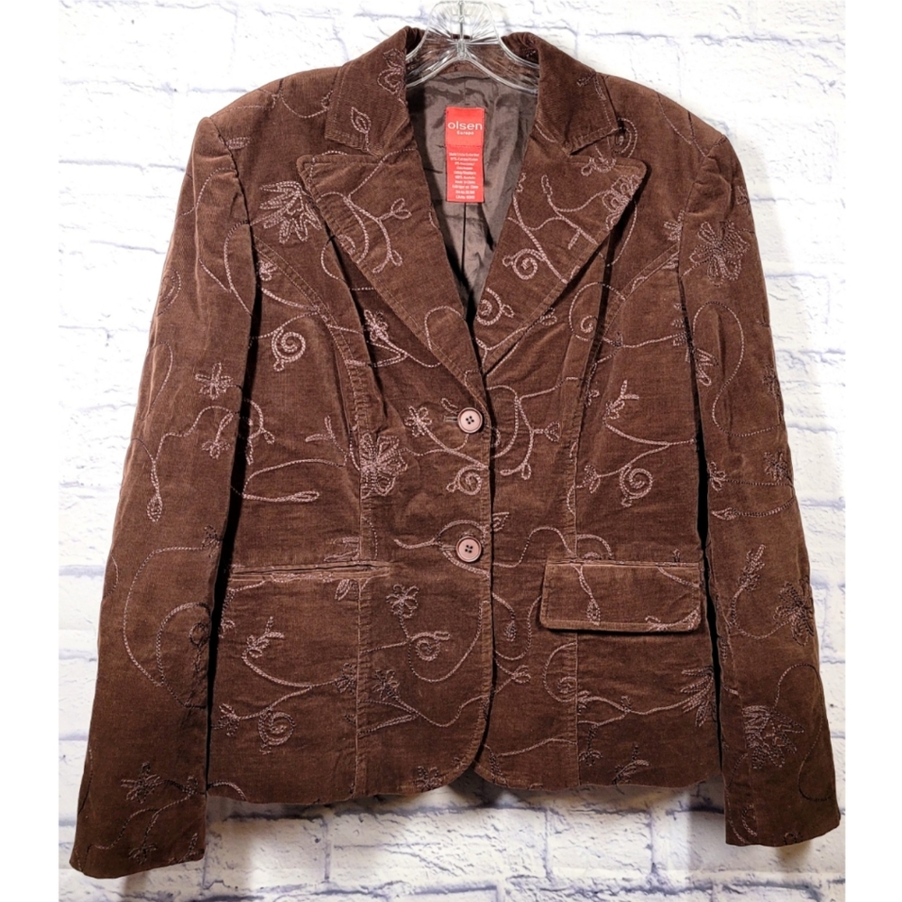 Olsen Europe Blazer Jacket Corduroy Brown Embroidered Size 8 Floral Western
